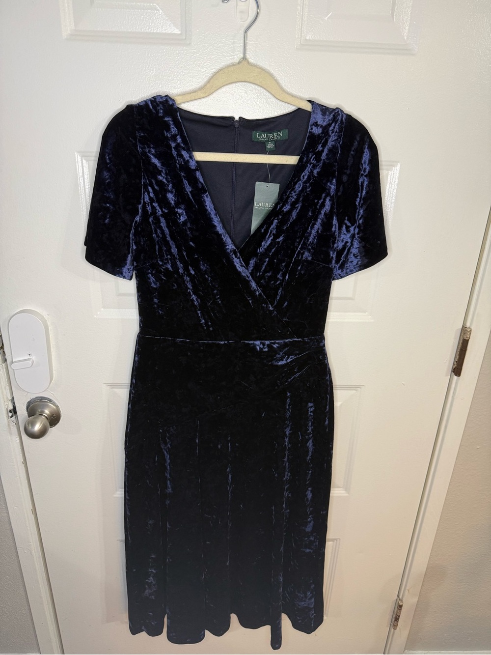 Lauren Ralph Lauren Velvet Dress Size 8 Navy Blue NWT $165 Wrap Midi